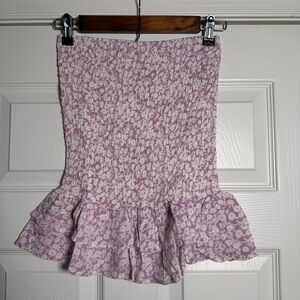 Lilac Purple W/ White Floral Design Women's Smocked Summer Spring Skirt